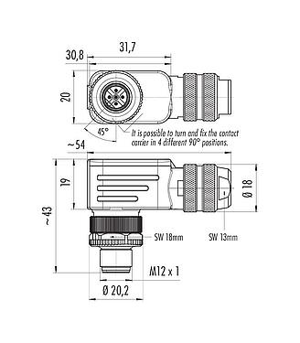 Méretarányos rajz M12 derékszögű csatlakozó, : 5, 6,5-8,5 mm, árnyékolható, rugós beszorító, IP67, árnyékoló gyűrűvel