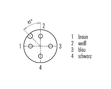 Polbild (Steckseite) M12 Flanschdose, Polzahl: 4, ungeschirmt, Litzen, IP68/IP69K, UL 2238, M16x1,5, Frontmontage, Edelstahl, positionierbar, vergossen