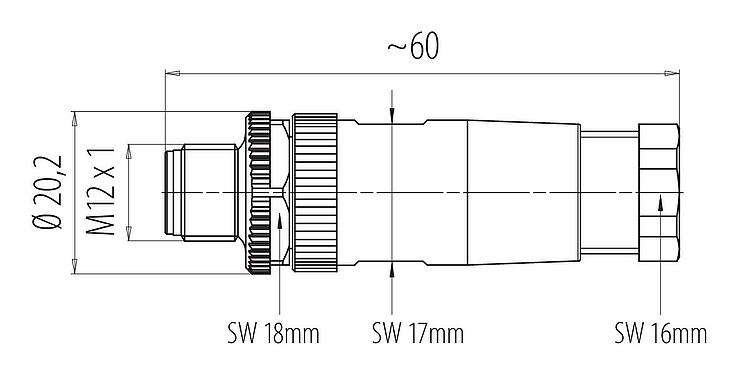 Disegno in scala M12 Connettore cavo maschio, Numero poli: 3, 6,0-8,0 mm, non schermato, morsetto a vite, IP67, UL 2238