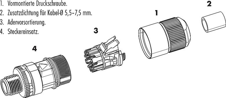 Einzelteildarstellung M12 Kabeldose, Polzahl: 8, 5,5-9,0 mm, schirmbar, IDC, IP67