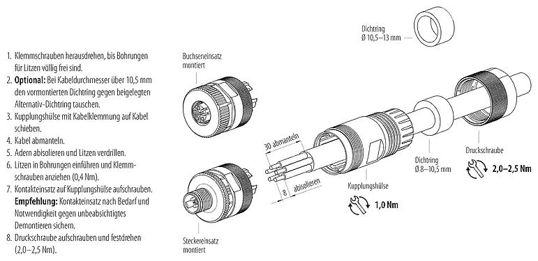 Montageanleitung M12 Kabeldose, Polzahl: 4+PE, 8,0-13,0 mm, ungeschirmt, schraubklemm, IP67, UL 2238