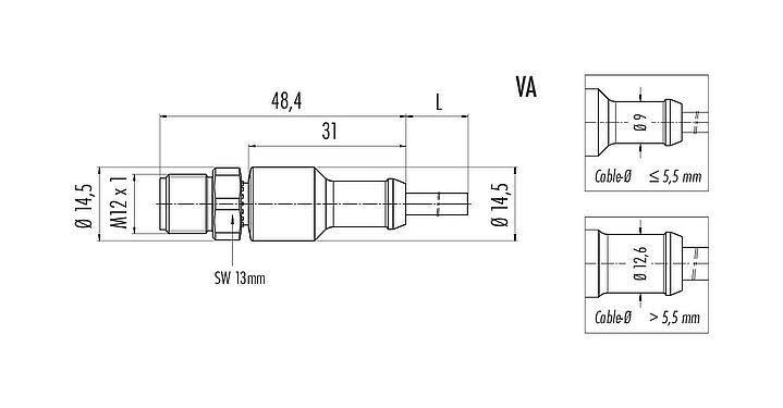 Scale drawing M12 Male cable connector, Contacts: 12, unshielded, moulded on the cable, IP67/IP69K, UL 2238, PUR, black, 12 x 0.25 mm², 10 m