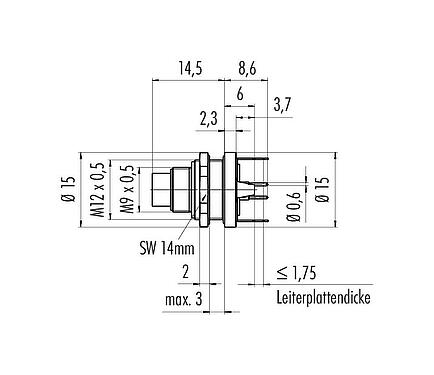 Maßzeichnung M9 Flanschstecker, Polzahl: 7, schirmbar, THT, IP67, M12x0,5, Rückwandmontage