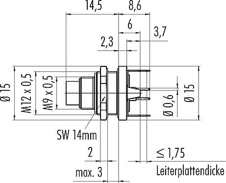 Maßzeichnung M9 Flanschstecker, Polzahl: 3, schirmbar, THT, IP67, M12x0,5, Rückwandmontage, vergossen