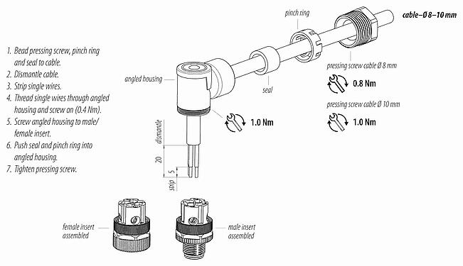 Instructions de montage M12 Connecteur mâle coudé, Contacts: 4, 8,0-10,0 mm, non blindé, pince à visser, IP67, UL 2238, VDE