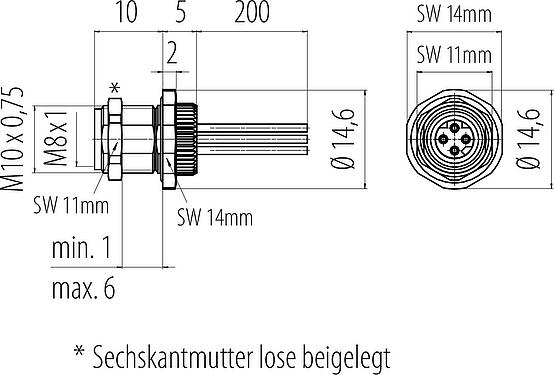Maßzeichnung M8 Flanschdose, Polzahl: 4, ungeschirmt, Litzen, IP67, M8x1,0, Rückwandmontage