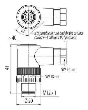 Rysunek z wymiarami M12 Męskie złącze kablowe kątowe, Kontaktów: 5, 4,0-6,0 mm, nieekranowany, zacisk śrubowy, IP67, UL 2238