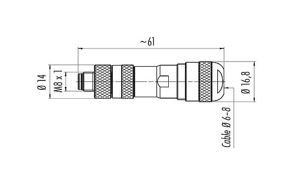 Scale drawing M8 Male cable connector, Contacts: 4, 6.0-8.0 mm, shieldable, screw clamp, IP67, UL 2238, with shielding ring