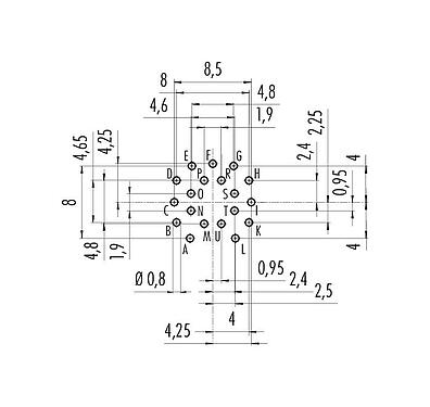 Disposizione dei conduttori 09 0463 90 19 - M16 Connettore maschio a flangia, Numero poli: 19 (19-a), non schermato, THT, IP67, UL, montaggio anteriore