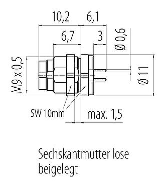 Maßzeichnung M9 Flanschstecker, Polzahl: 2, ungeschirmt, THT, IP40, M9x0,5, Rückwandmontage