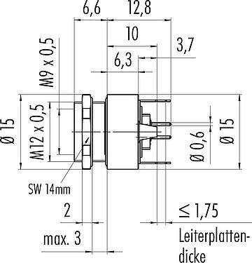 Maßzeichnung M9 Flanschdose, Polzahl: 7, schirmbar, THT, IP67, M12x0,5, Rückwandmontage, vergossen