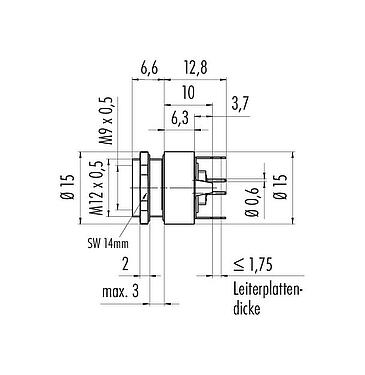 Maßzeichnung M9 Flanschdose, Polzahl: 7, schirmbar, THT, IP67, M12x0,5, Rückwandmontage, vergossen