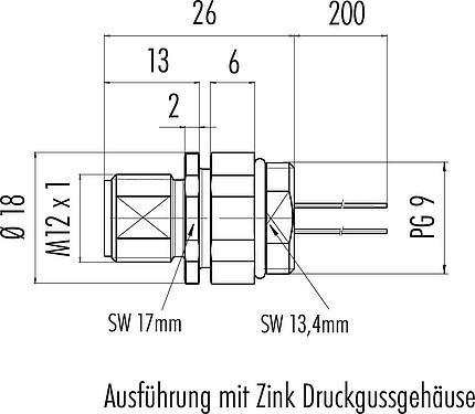 Maßzeichnung M12 Flanschstecker, Polzahl: 4, ungeschirmt, Litzen, IP68, UL 2238, PG 9, Frontmontage