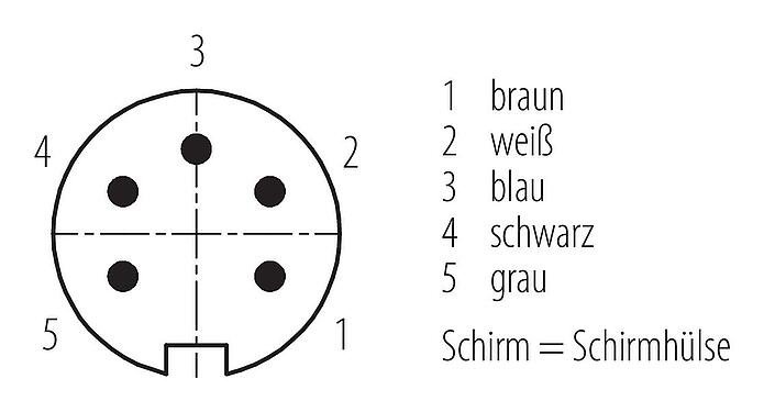 Polbild (Steckseite) M16 Kabelstecker, Polzahl: 5, geschirmt, am Kabel angespritzt, IP67, PUR, schwarz, 5 x 0,34 mm², 5 m
