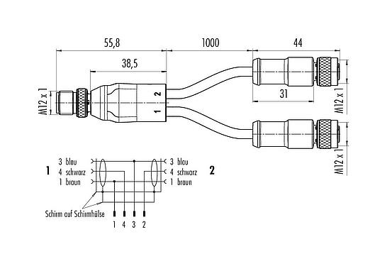 Maßzeichnung M12 Kabelsplitter Kabelstecker - 2 Kabeldosen, Polzahl: 4/3, geschirmt, am Kabel angespritzt, IP68, PUR, schwarz, 3 x 0,34 mm², 1 m