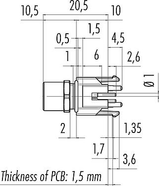 Scale drawing M8 Female panel mount connector, Contacts: 4, unshielded, THR, IP67, UL 2238