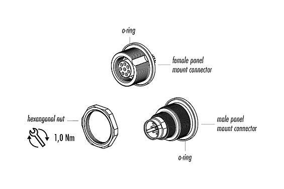 Component part drawing M9 Female panel mount connector, Contacts: 2, unshielded, solder, IP67, M12x0.5, Rear mounting