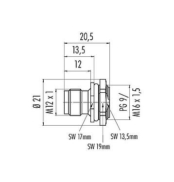 Méretarányos rajz M12 panelre szerelhető csatlakozó, : 5, árnyékolatlan, kézi forrasztású, IP67, UL 2238, M16x1,5, elülső rögzítés