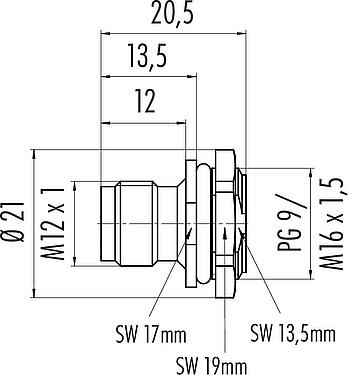 Scale drawing M12 Male panel mount connector, Contacts: 4, unshielded, solder, IP67, UL 2238, PG 9, Front mounting