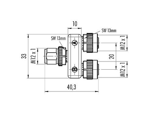 Maßzeichnung M12 Zweifachverteiler, Y-Verteiler, Stecker - 2 Dosen, Polzahl: 5, ungeschirmt, steckbar, IP68, UL 2238