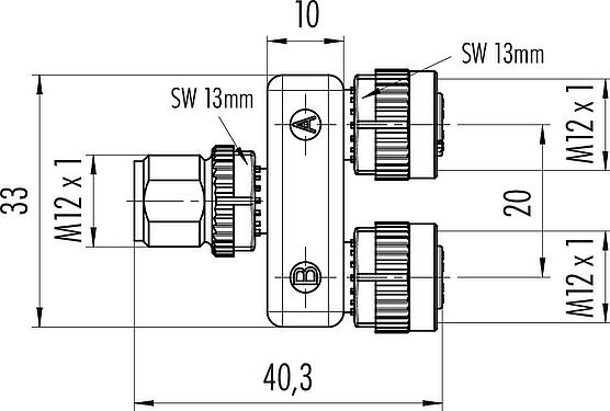 Scale drawing M12 Twin distributors, Y-distributor, male connector - 2 female connector, Contacts: 8, unshielded, pluggable, IP68, UL 2238