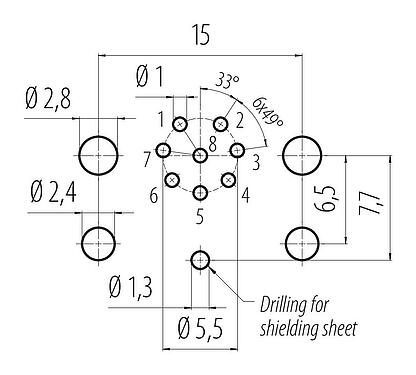 導體佈局 M12 孔頭法蘭座, : 8, 可接遮罩, THR, IP68, UL 2238, M12x1.0, 板前安裝, 用於PCB組裝