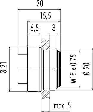 縮尺図 バヨネット オスパネルマウントコネクタ, 極数: 16, 非シールド, はんだ, IP40, M18x0,75, フロントマウント