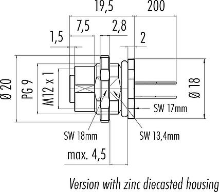 縮尺図 M12 メスパネルマウントコネクタ, 極数: 4, 非シールド, 単線, IP67, UL 2238, PG 9, 背面パネルマウント