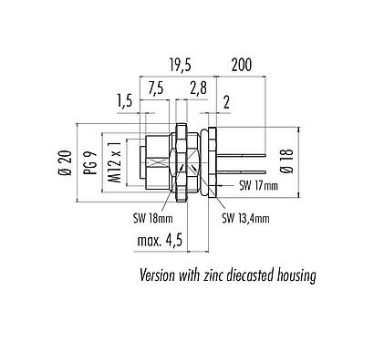 Scale drawing M12 Female panel mount connector, Contacts: 4, unshielded, single wires, IP67, UL 2238, PG 9, Rear mounting