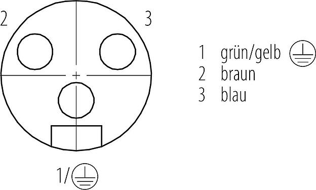 Polbild (Steckseite) 7/8" Flanschdose, Polzahl: 2+PE, ungeschirmt, Litzen, IP68, UL 2238, VDE, PG 11, Frontmontage, vergossen