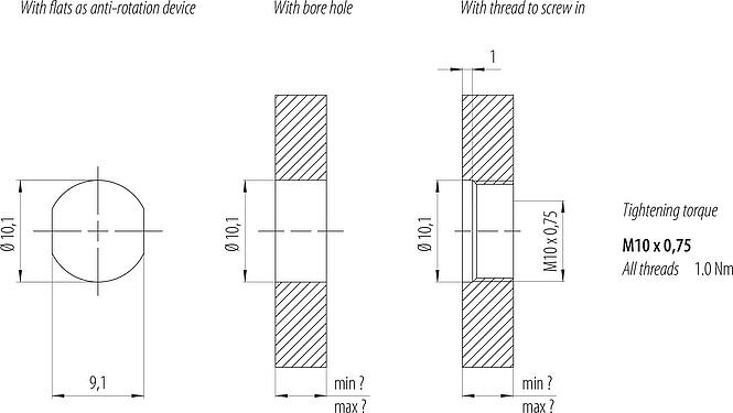 Assembly instructions / Panel cut-out M8 Female panel mount connector, Contacts: 3, solder, IP67/IP69K, M10x0.75, Rear mounting, with solder cups