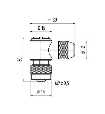 Scale drawing M9 Female angled connector, Contacts: 2, 3.5-5.0 mm, shieldable, solder, IP67