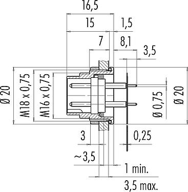 Maßzeichnung M16 Flanschstecker, Polzahl: 7 (07-a), ungeschirmt, THT, IP67, M18x0,75, Rückwandmontage, vergossen