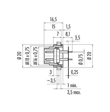 Maßzeichnung M16 Flanschstecker, Polzahl: 7 (07-a), ungeschirmt, THT, IP67, M18x0,75, Rückwandmontage, vergossen