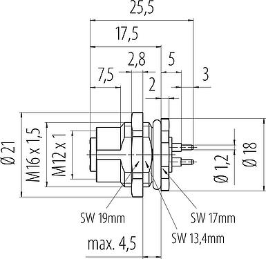 Bản vẽ tỷ lệ M12 Ổ cắm gắn bảng, Số lượng cực : 4, không có chống nhiễu, THT, IP68, UL 2238, M16x1,5, Chốt trung tâm