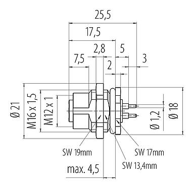 Schaaltekening M12 Female panel mount connector, aantal polen: 4, onafgeschermd, THT, IP68, UL 2238, M16x1,5, Achterwandmontage, gegoten