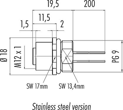 Scale drawing M12 Female panel mount connector, Contacts: 12, unshielded, single wires, IP68, UL 2238, PG 9, Front mounting, potted