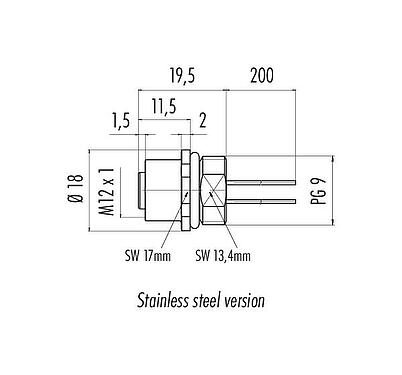 Méretarányos rajz M12 panelre szerelhető foglalat, : 8, árnyékolatlan, sodrott vezeték, IP68, UL 2238, M16x1,5, elülső rögzítés, rozsdamentes acél
