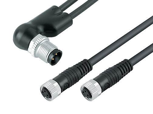Ilustración 77 9827 3406 50003-0200 - M12 Conexión conector doble en ángulo - 2 conector de cable hembra M8x1, Número de contactos: 4/3, sin blindaje, moldeado en el cable, IP67, UL, PUR, negro, 3 x 0,34 mm², 2 m