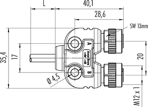 Schaaltekening M12 Tweevoudige verdeler, Y-verdeler, stekker - 2 female, aantal polen: 4, onafgeschermd, aan de kabel aangegoten, IP68, UL 2238, PUR, zwart, 4 x 0,25 mm², met LED PNP, 2 m