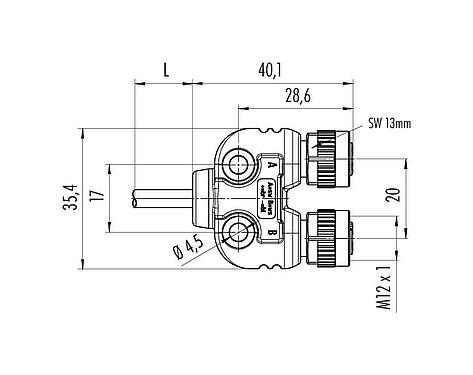 Desenho da escala M12 Duplo distribuidor, distribuidor em Y, plugue - 2 soquete, Contatos: 4, desprotegido, moldado no cabo, IP68, UL 2238, PUR, preto, 4 x 0,25 mm², com LED PNP, 2 m