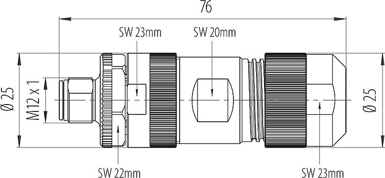 Mittakaavapiirustus M12 Kaapelipistoke, Napojen määrä: 4+FE, 8,0-13,0 mm, suojaamaton, ruuviliitin, IP67, UL 2238, M12x1,0