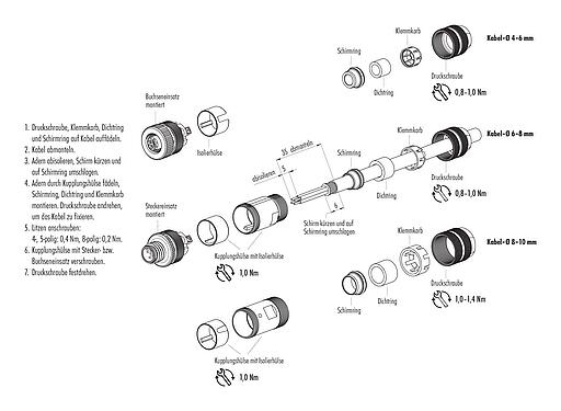 Montageanleitung M12 Kabelstecker, Polzahl: 4, 6,0-8,0 mm, schirmbar, schraubklemm, IP67, UL 2238, mit Schirmring