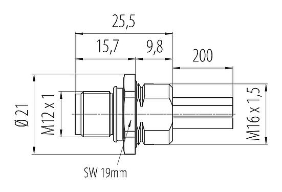 Disegno in scala M12 Connettore maschio a flangia, Numero poli: 4+FE, non schermato, fili singoli, IP68, M16x1,5, Montaggio anteriore, UL 2237 in preparazione