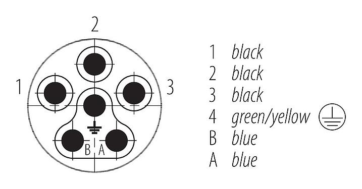 Contact arrangement (Plug-in side) 09 6111 150 06 - Bayonet Male panel mount connector, Contacts: 6 (3+PE+2), not shielded, single wires, IP66/IP67, UL, M20x1.5