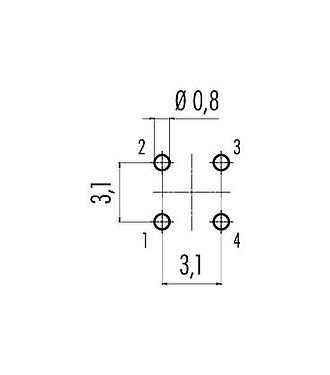 Conductor layout Snap-In Female panel mount connector, Contacts: 4, unshielded, THT, IP67, UL 2238, M8x0,75, Front mounting