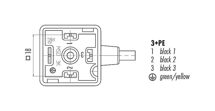 Koskettimien järjestys (plug in -puoli) Magneettiventtiilin pistorasia, Napojen määrä: 3+PE, suojaamaton, suihkutettu kaapelille, IP67, PUR, musta, 5 m