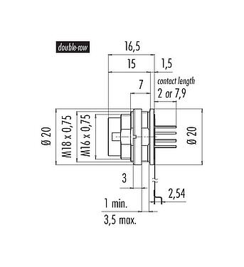 Scale drawing M16 Male panel mount connector, Contacts: 12 (12-a), unshielded, THT, IP67, M18x0,75, Rear mounting