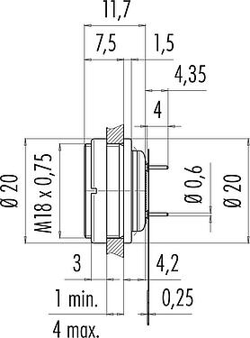 縮尺図 M16 メスパネルマウントコネクタ, 極数: 12 (12-a), 非シールド, THT, IP67, M18x0,75, 背面パネルマウント
