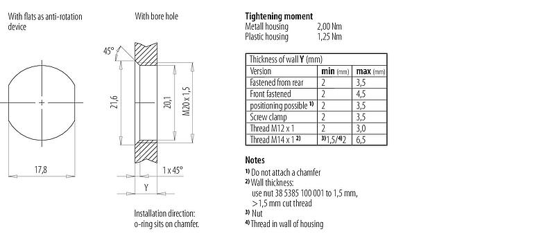 安装说明 M12 孔头法兰座, 极数: 4, 非屏蔽, 螺钉接线, IP67, UL 2238, VDE, M20x1.5, 板前安装, 用于供电